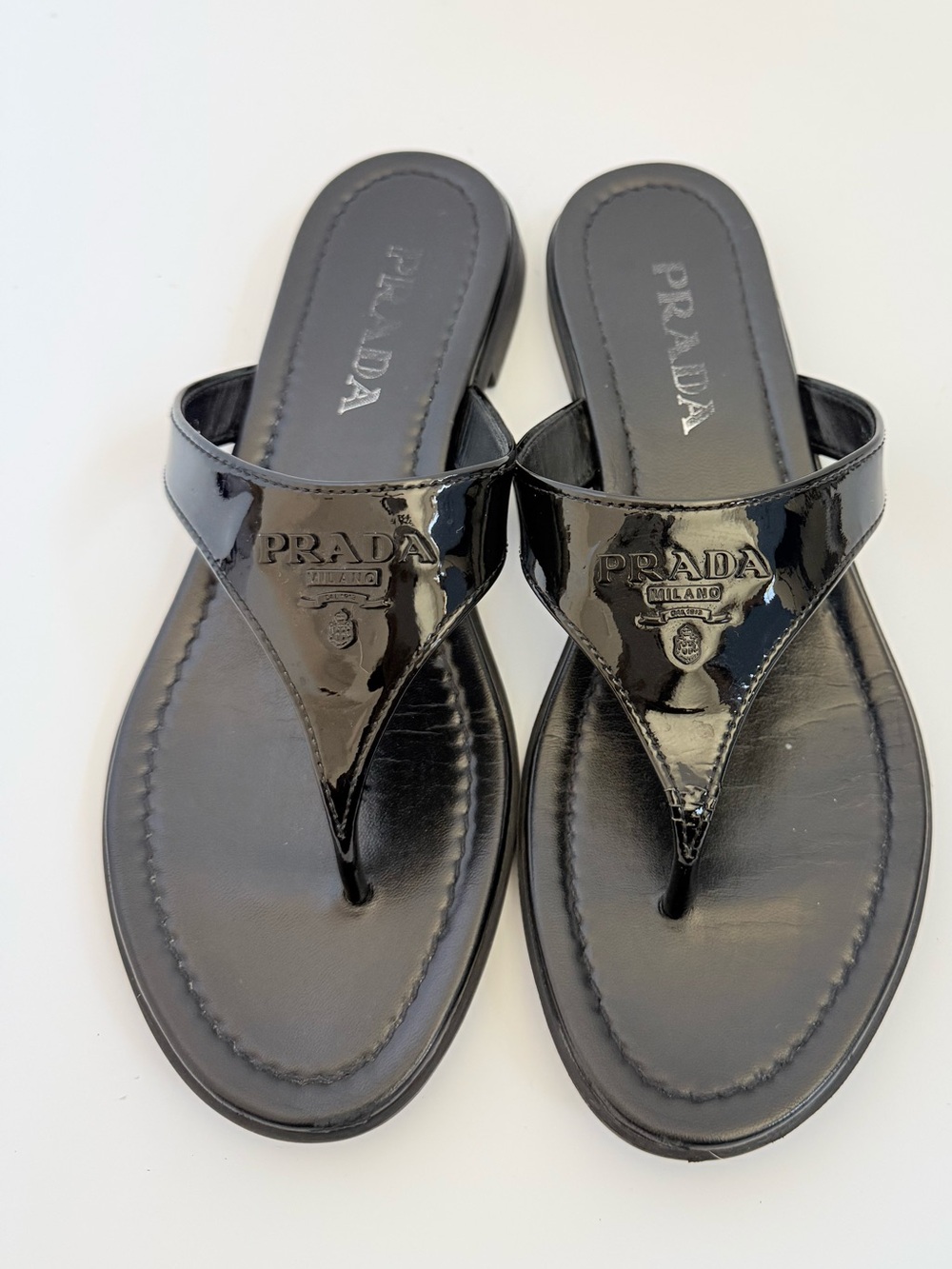 Prada Vernice Patent Leather Logo Thong Sandals Black Flat Slides EU 38 - Picture 2 of 11